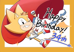 Size: 2048x1448 | Tagged: safe, artist:oudooooon427, sonic the hedgehog, super sonic, 2025, birthday, border, cake, cape, classic sonic, crown, english text, food, fork, grin, happy birthday, holding something, looking at viewer, simple background, smile, solo, super form, white background, wink