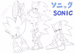 Size: 3508x2480 | Tagged: safe, artist:giatensi_11194, sonic the hedgehog, 2025, blushing, greyscale, grin, inner tube, japanese text, lidded eyes, looking at viewer, monochrome, simple background, sitting, sketch, smile, solo, standing, v sign, water, white background