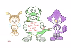 Size: 2282x1543 | Tagged: safe, artist:nokaigaming, charmy bee, espio the chameleon, vector the crocodile, faic, front view, frown, hands together, holding something, looking at viewer, sign, simple background, team chaotix, trio, white background