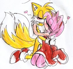 Size: 936x888 | Tagged: safe, artist:laurypinky972, amy rose, miles "tails" prower, 2009, blushing, duo, eyes closed, heart, holding each other, kiss, kneeling, shipping, sketch, straight, tailamy, traditional media