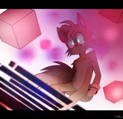 Size: 1028x1000 | Tagged: safe, artist:swilety, miles "tails" prower, sonic forces, 2018, abstract background, clenched teeth, crying, cube, glowing eyes, looking offscreen, male, sad, signature, solo, tears