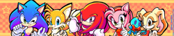 Size: 1415x294 | Tagged: safe, artist:chicaramirez, amy rose, cheese (chao), cream the rabbit, knuckles the echidna, miles "tails" prower, sonic the hedgehog, chao, 2010, abstract background, checkered background, cute, group, looking at viewer, neutral chao, star (symbol)