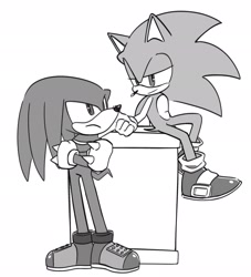 Size: 1861x2048 | Tagged: safe, artist:oudooooon427, knuckles the echidna, sonic the hedgehog, 2025, duo, finger under chin, gay, greyscale, hand on another's chin, knuxonic, lidded eyes, looking at each other, looking at them, monochrome, redraw, shipping, simple background, sitting, smile, standing, white background
