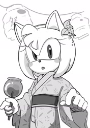Size: 1076x1522 | Tagged: safe, artist:oudooooon427, amy rose, 2025, alternate outfit, blushing, food, greyscale, holding something, japanese clothes, kimono, lantern, looking at viewer, monochrome, simple background, solo, white background