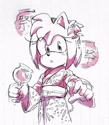 Size: 1778x2048 | Tagged: safe, artist:mipa510779, amy rose, 2025, alternate outfit, food, holding something, japanese clothes, kimono, lantern, looking at viewer, monochrome, mouth open, simple background, solo, traditional media, white background