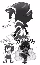Size: 1280x2048 | Tagged: safe, artist:oudooooon427, shadow the hedgehog, hedgehog, 2025, clothes, crossdressing, dress, explosion, food, fully clothed, greyscale, gun, holding something, japanese text, maid outfit, male, monochrome, shotgun, simple background, solo, speech bubble, standing, weapon, white background