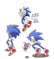 Size: 1288x1402 | Tagged: safe, artist:oudooooon427, chip, sonic the hedgehog, sonic unleashed, 2025, arrow, duo, japanese text, looking at them, looking at viewer, running, simple background, smile, white background