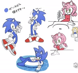 Size: 2048x1934 | Tagged: safe, artist:oudooooon427, amy rose, maria robotnik, sonic the hedgehog, 2025, alternate hairstyle, drink, drinking, duo, english text, inner tube, japanese text, lidded eyes, smile, standing, twintails, undertale, water, white background