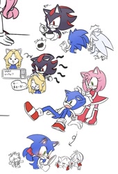 Size: 889x1311 | Tagged: safe, artist:oudooooon427, amy rose, maria robotnik, shadow the hedgehog, silver the hedgehog, sonic the hedgehog, human, 2025, alternate hairstyle, blushing, coffee beans, eating, group, gun, hair up, holding something, japanese text, looking at them, mouth open, ponytail, simple background, smile, spoon, standing, undertale, white background