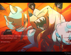 Size: 1920x1500 | Tagged: safe, artist:candyypirate, knuckles the echidna, sonic frontiers, clenched fists, english text, glitch, mouth open, sharp teeth, signature, solo, text
