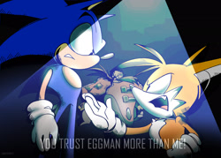 Size: 2048x1463 | Tagged: safe, artist:candyypirate, miles "tails" prower, robotnik, sonic the hedgehog, fox, hedgehog, human, 2024, angry, argument, dialogue, duo focus, english text, looking at each other, looking at them, male, sonic lost world, spotlight, standing, text, trio