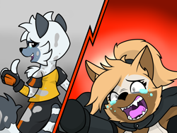 Size: 4000x3000 | Tagged: safe, artist:dazed-and-wandering, tangle the lemur, whisper the wolf, lemur, wolf, 2020, crying, duo, fangs, gradient background, mouth open, reaching out, sad, shrunken pupils, smile, standing, tears, tears of sadness, thumbs up, zombot transformation