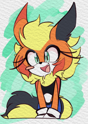 Size: 2480x3508 | Tagged: safe, artist:rin-milo, oc, oc:yoko the flareon, 2025, ear fluff, eyelashes, flareon, looking offscreen, mobianified, mouth open, neck fluff, oc only, open smile, pokemon, smile, solo