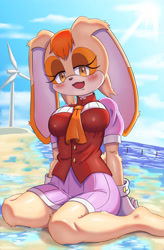 Size: 2300x3500 | Tagged: suggestive, artist:boaz2038, vanilla the rabbit, barefoot, beach, blushing, clouds, daytime, kneeling, looking at viewer, ocean, outdoors, solo, water, wind turbine