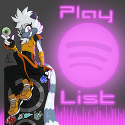 Size: 1000x1000 | Tagged: safe, artist:ridleynemrick, tangle the lemur, 2021, disc, grey background, holding something, looking at viewer, signature, simple background, sitting, smile, smiling at viewer, solo, speaker, spotify