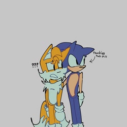Size: 800x800 | Tagged: suggestive, artist:n9443863741130, miles "tails" prower, sonic the hedgehog, 2026, age difference, butt grab, duo, english text, flat colors, gay, grabbing, grey background, looking at them, looking offscreen, question mark, shipping, simple background, sonic x tails, standing, text