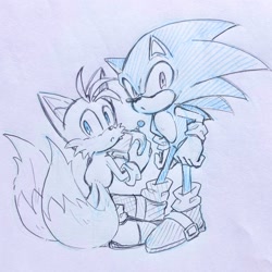 Size: 2048x2046 | Tagged: safe, artist:n9443863741130, miles "tails" prower, sonic the hedgehog, 2026, :o, duo, holding something, looking at viewer, looking back, looking back at viewer, miles electric, mouth open, standing, traditional media