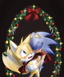 Size: 600x722 | Tagged: safe, artist:guminaxy, miles "tails" prower, sonic the hedgehog, 2026, age difference, bauble, blushing, bow, candy cane, christmas, christmas decorations, duo, food, gay, gradient background, happy, heart, hugging, kiss, kiss on cheek, mouth open, open smile, ribbon, scarf, sharing a scarf, shipping, smile, sonic x tails, sparkles, standing