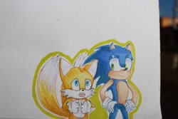 Size: 2048x1365 | Tagged: safe, artist:guminaxy, miles "tails" prower, sonic the hedgehog, 2021, clenched fists, duo, hands on hips, lidded eyes, looking at them, looking offscreen, markerwork, mouth open, outline, smile, traditional media
