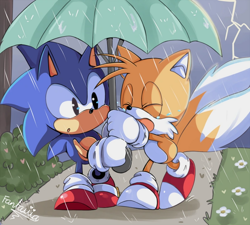 Size: 600x540 | Tagged: safe, artist:fantasiia, miles "tails" prower, sonic the hedgehog, 2012, astraphobia, crying, cute, duo, eyes closed, flower, grass, holding something, lightning, mouth open, nighttime, outdoors, rain, signature, sonabetes, standing, tailabetes, tears, tears of fear, tree, umbrella, walking, wet