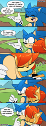 Size: 735x1994 | Tagged: safe, artist:risziarts, sally acorn, sonic the hedgehog, chipmunk, hedgehog, 2024, comic, daytime, dialogue, duo, english text, female, leaning on them, male, sally x sonic, sally's ringblader outfit, shipping, sleeping, speech bubble, straight, tree, under a tree