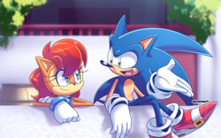 Size: 1680x1050 | Tagged: safe, artist:risziarts, sally acorn, sonic the hedgehog, chipmunk, hedgehog, 2024, apotos, building, daytime, duo, female, male, sally x sonic, sally's ringblader outfit, shipping, sitting, straight, talking