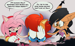 Size: 1680x1050 | Tagged: safe, artist:risziarts, amy rose, nicole the hololynx, sally acorn, chipmunk, hedgehog, lynx, 2024, cake, comforting, dialogue, english text, female, food, hand on face, hand on shoulder, hololynx, sally's ringblader outfit, speech bubble, trio