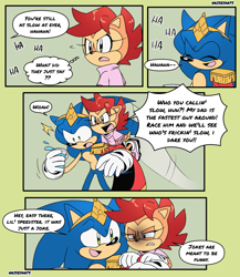 Size: 1352x1557 | Tagged: safe, artist:risziarts, sonia acorn, sonic the hedgehog, chipmunk, hedgehog, 2023, angry, child, comic, dialogue, duo, english text, father and child, father and daughter, king sonic, laughing, offscreen character, parent:sally, parent:sonic, speech bubble
