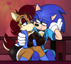 Size: 3850x3438 | Tagged: safe, artist:roseduelistbbshm, sally acorn, sonic the hedgehog, chipmunk, hedgehog, 2023, afternoon, bench, blushing, busty sally, clothes, duo, female, fully clothed, heart, holding them, kiss, kiss on cheek, male, ringblader, sally x sonic, shipping, sitting, straight