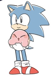 Size: 402x603 | Tagged: safe, artist:oudooooon427, sonic the hedgehog, 2025, crossover, cute, duo, holding them, kirby, simple background, smile, standing, white background