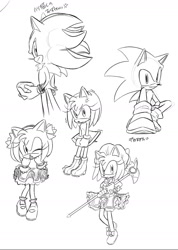 Size: 1007x1411 | Tagged: safe, artist:oudooooon427, amy rose, shadow the hedgehog, sonic the hedgehog, 2025, chaos emerald, cosplay, greyscale, holding something, japanese text, magical girl outfit, monochrome, simple background, sketch, standing, trio, white background