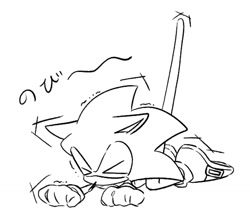 Size: 1259x1108 | Tagged: safe, artist:oudooooon427, sonic the hedgehog, 2025, all fours, cute, eyes closed, greyscale, japanese text, monochrome, simple background, sketch, solo, sonabetes, species swap, stretching, white background
