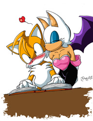Size: 728x950 | Tagged: safe, artist:jmynstyx, miles "tails" prower, rouge the bat, 2007, age difference, blushing, book, cleavage, duo, heart, kiss, kiss on head, shipping, simple background, standing, straight, surprise kiss, surprised, table, tailouge, white background