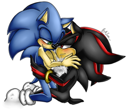 Size: 2900x2500 | Tagged: safe, artist:blueneedle-inu, shadow the hedgehog, sonic the hedgehog, 2014, blushing, duo, gay, gloves off, kneeling, lidded eyes, looking at each other, shadow x sonic, shipping, shoes off, signature, simple background, sitting, smile, smiling at each other, white background