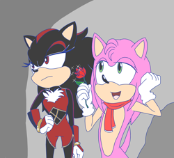 Size: 2000x1818 | Tagged: safe, artist:cualquierpersona, amy rose, shadow the hedgehog, oc, oc:jamie rose, oc:shadina the hedgehog, 2020, age difference, amy x shadow, duo, flower, frown, gender swap, hand on hip, holding something, looking at them, looking away, offering flower, r63 shipping, rose, shipping, smile, sparkles, standing, straight