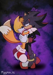 Size: 600x848 | Tagged: safe, artist:manjmia_31, miles "tails" prower, shadow the hedgehog, 2025, age difference, duo, gay, holding each other, kiss, lidded eyes, lifting them, shadow x tails, shipping, side view, signature, standing