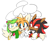 Size: 600x508 | Tagged: safe, artist:shadails, cosmo the seedrian, miles "tails" prower, shadow the hedgehog, 2022, aged up, bisexual, blushing, cosmo x shadow, cosmo x shadow x tails, cute, fur markings, looking at them, one fang, polyamory, shadow x tails, shipping, simple background, smile, speech bubble, sweatdrop, tailsmo, talking, trio, white background