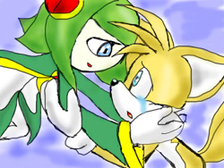 Size: 479x360 | Tagged: safe, artist:hamlet1616, cosmo the seedrian, miles "tails" prower, sonic x, 2010, crying, duo, gradient background, hands on another's face, holding each other, looking at each other, mouth open, sad, shipping, side view, straight, tailsmo, tears, tears of sadness
