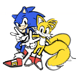 Size: 1209x1153 | Tagged: safe, artist:genesishero, miles "tails" prower, sonic the hedgehog, 2026, double v sign, duo, flat colors, hand on hip, looking at viewer, simple background, smile, standing, v sign, white background