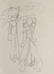 Size: 1509x2048 | Tagged: safe, artist:powdertheferret, miles "tails" prower, sonic the hedgehog, 2026, :3, aged up, alternate universe, biting, dialogue, duo, frown, gay, line art, monochrome, pencilwork, shipping, sonic boom (tv), sonic x tails, spanish text, standing, text, traditional media