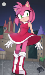 Size: 1199x2000 | Tagged: safe, artist:skyversa, amy rose, castle, moon, nighttime, outdoors, solo, star (sky)