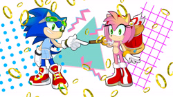 Size: 5333x3000 | Tagged: safe, artist:cartoonicus, amy rose, sonic the hedgehog, hedgehog, 2026, naked, outfit swap, pants, piko piko hammer, ring, shorts, sonic riders, warrior feather