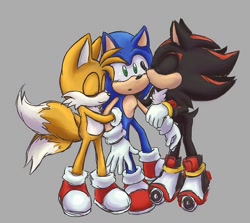 Size: 800x715 | Tagged: safe, artist:jeffydust, miles "tails" prower, shadow the hedgehog, sonic the hedgehog, 2022, age difference, gay, grey background, holding them, hugging, kiss, kiss on cheek, polyamory, shadow x sonic, shadow x tails, shipping, simple background, sonadails, sonic x tails, standing, trio