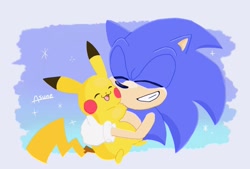 Size: 1451x982 | Tagged: safe, artist:asune_snare, sonic the hedgehog, 2025, crossover, duo, eyes closed, grin, holding them, hugging, pikachu, pokemon, smile