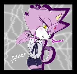 Size: 900x868 | Tagged: safe, artist:asune_snare, blaze the cat, 2025, alternate outfit, blushing, border, choker, english text, looking at viewer, shirt, shorts, solo, standing