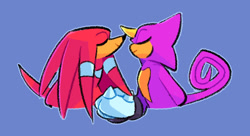 Size: 840x456 | Tagged: safe, artist:mintywhisker, espio the chameleon, knuckles the echidna, duo, espio x knuckles, eyes closed, gay, holding hands, knuxio, outline, purple background, shipping, simple background, smile
