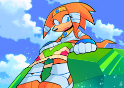 Size: 2048x1455 | Tagged: safe, artist:mintywhisker, tikal, 2020, abstract background, clouds, daytime, master emerald, outdoors, signature, sitting, solo, sparkles