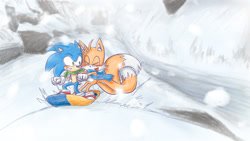 Size: 1280x720 | Tagged: safe, artist:thesousarasimp, miles "tails" prower, sonic the hedgehog, 2025, abstract background, age difference, blushing, daytime, duo, gay, holding them, outdoors, shipping, smile, snow, snowboard, snowboarding, sonic x tails, winter, winter outfit