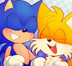 Size: 2048x1862 | Tagged: safe, artist:r0yalstar, miles "tails" prower, sonic the hedgehog, 2025, checkered background, duo, eyes closed, mouth open, open smile, smile