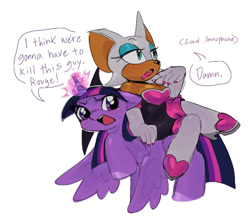 Size: 1009x892 | Tagged: safe, artist:burnttoawst, rouge the bat, bat, 2024, alicorn, crossover, dialogue, duo, english text, flying, i think we're gonna have to kill this guy, meme, my little pony, pony, simple background, text, twilight sparkle, white background